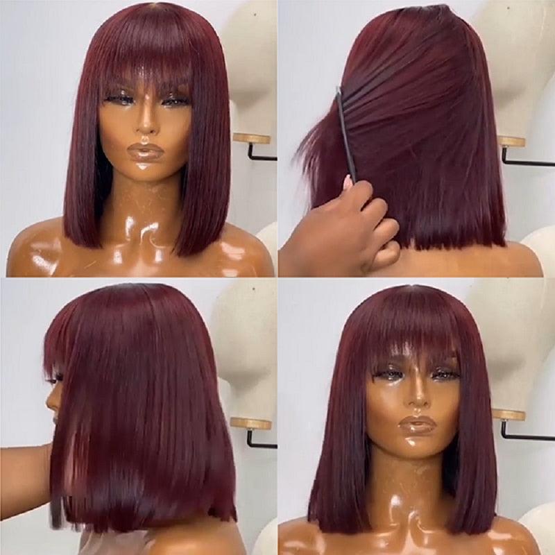 New Arrival Burgundy Red Short Human Hair Wig With Fringe for Women Straight Remy Hair Bob Wigs With Bangs Dark Brown Balayage Color Wigs For Cosplay