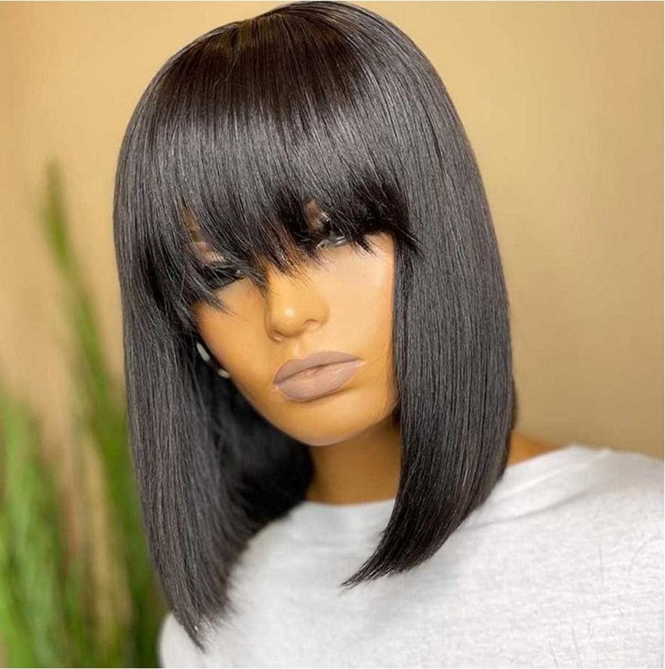 New Arrival Burgundy Red Short Human Hair Wig With Fringe for Women Straight Remy Hair Bob Wigs With Bangs Dark Brown Balayage Color Wigs For Cosplay