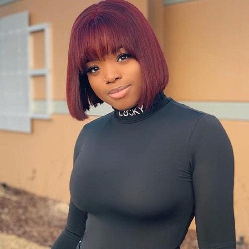 New Arrival Burgundy Red Short Human Hair Wig With Fringe for Women Straight Remy Hair Bob Wigs With Bangs Dark Brown Balayage Color Wigs For Cosplay