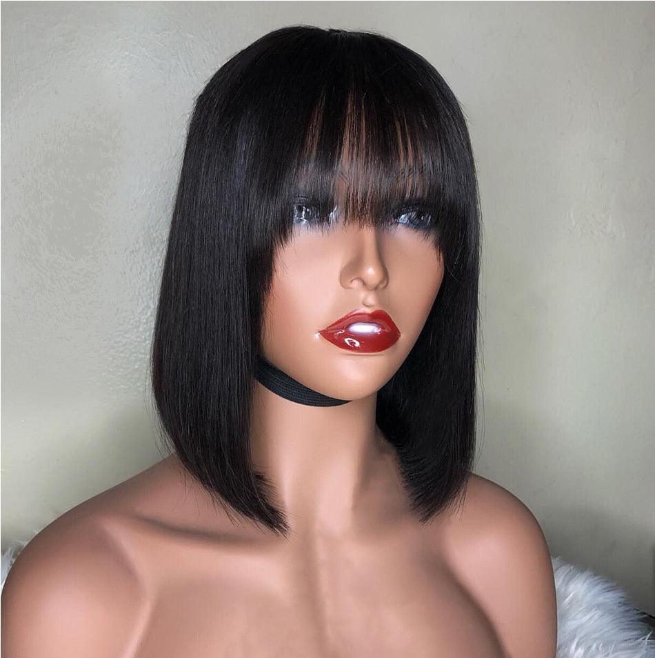 New Arrival Burgundy Red Short Human Hair Wig With Fringe for Women Straight Remy Hair Bob Wigs With Bangs Dark Brown Balayage Color Wigs For Cosplay