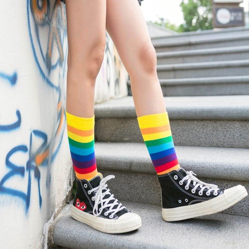 New Arrival Cotton Elasticity Sweat Women Long Sock Candy Colors Rainbow Patterned Sporty Retro Harajuku Casual Socks For Men And Women