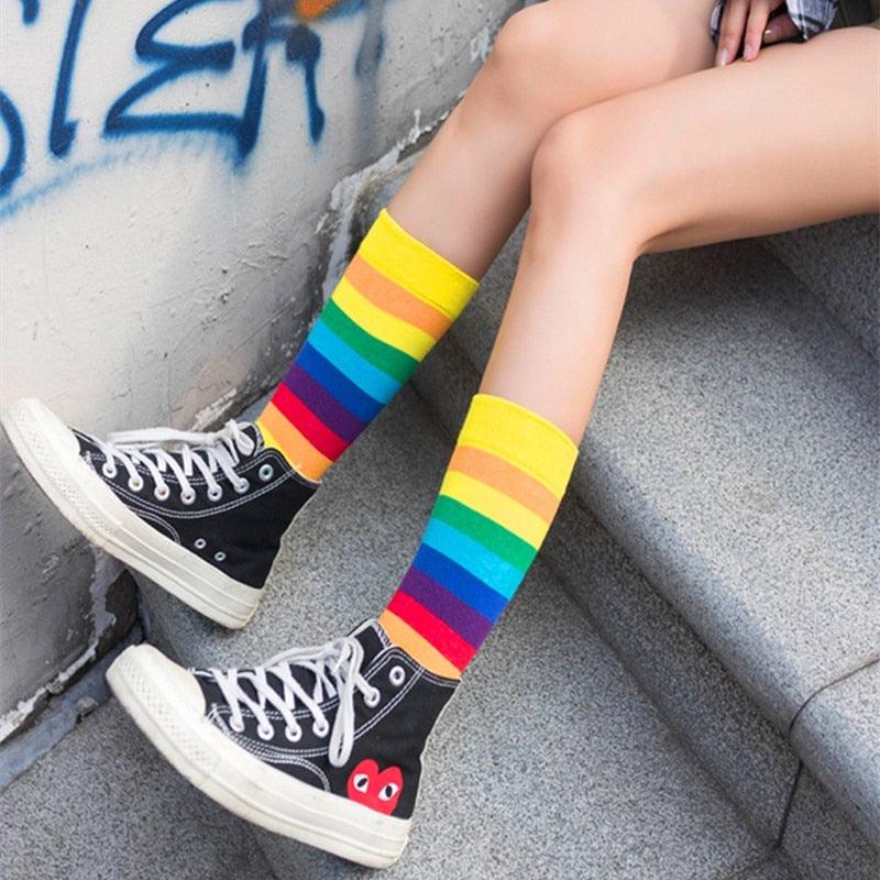 New Arrival Cotton Elasticity Sweat Women Long Sock Candy Colors Rainbow Patterned Sporty Retro Harajuku Casual Socks For Men And Women