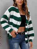 New autumn and winter women's clothing contrasting striped button spliced woven sweater jacket