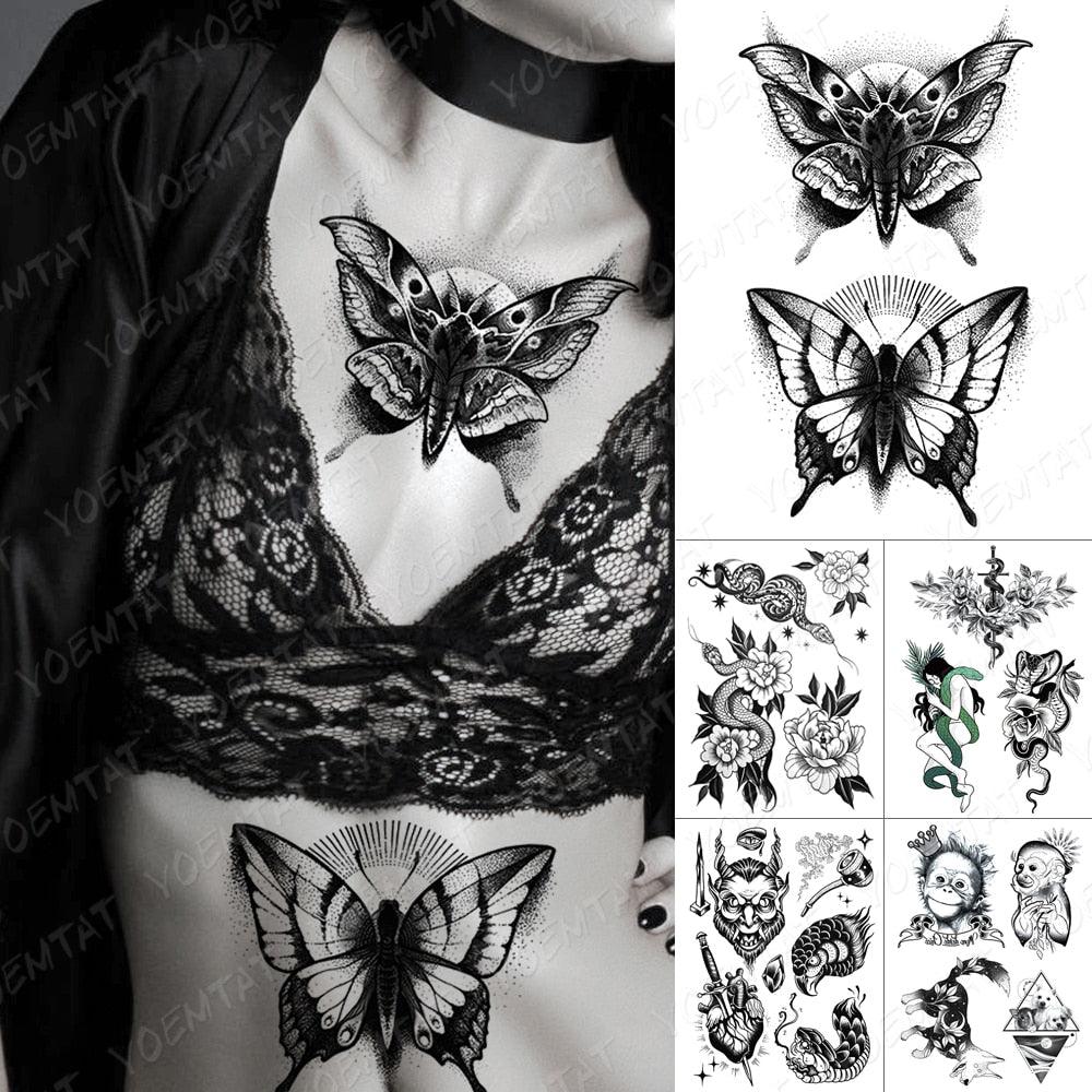New Big Butterfly Waterproof Temporary Sticker Tattoo Elegant Black Colorful Tattoos Rose For Women Men