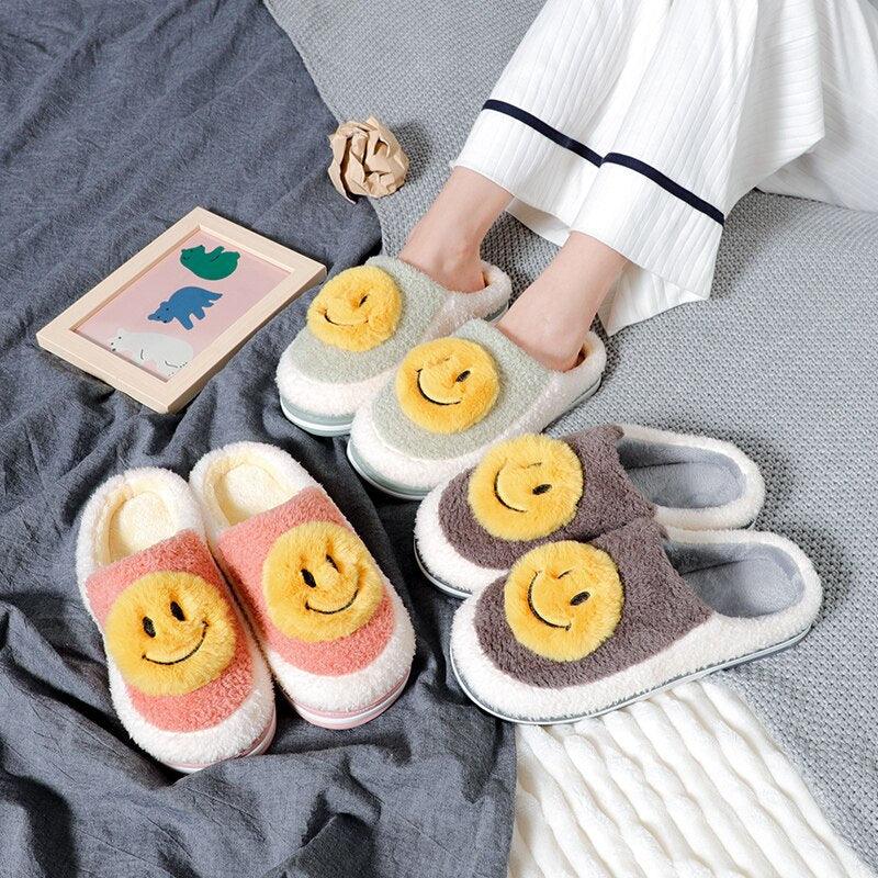 New Big Smile Floor Short Plush Fleece Flat For Couple Shoes Black Indoor Women Winter Fluffy Fur Slippers Warm Comfy Memory Foam Home Slippers Women's Anti-Slip House Shoes