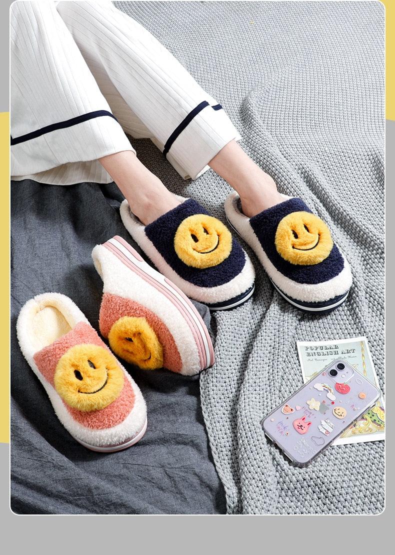 New Big Smile Floor Short Plush Fleece Flat For Couple Shoes Black Indoor Women Winter Fluffy Fur Slippers Warm Comfy Memory Foam Home Slippers Women's Anti-Slip House Shoes