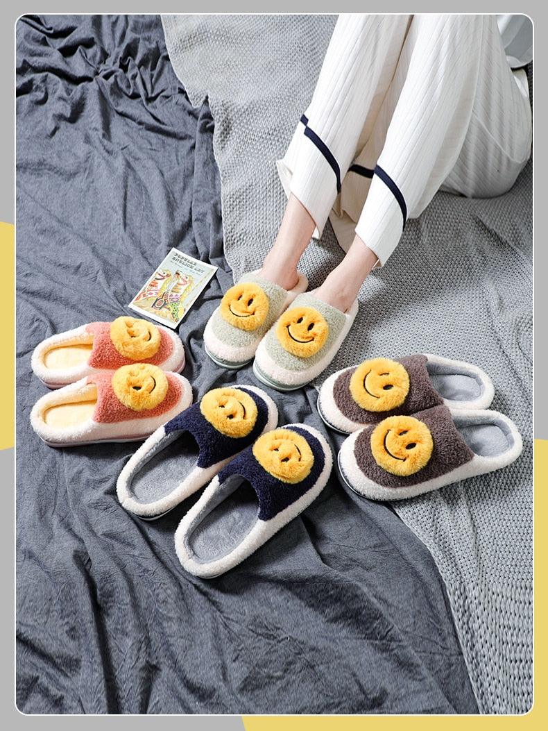 New Big Smile Floor Short Plush Fleece Flat For Couple Shoes Black Indoor Women Winter Fluffy Fur Slippers Warm Comfy Memory Foam Home Slippers Women's Anti-Slip House Shoes