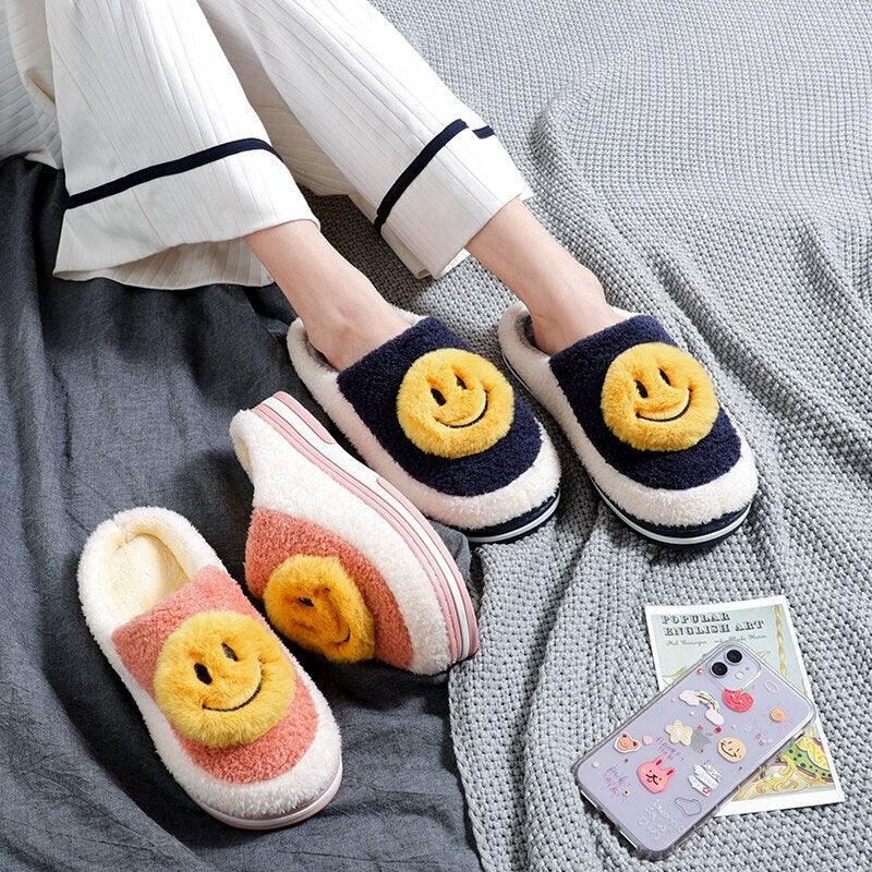 New Big Smile Floor Short Plush Fleece Flat For Couple Shoes Black Indoor Women Winter Fluffy Fur Slippers Warm Comfy Memory Foam Home Slippers Women's Anti-Slip House Shoes