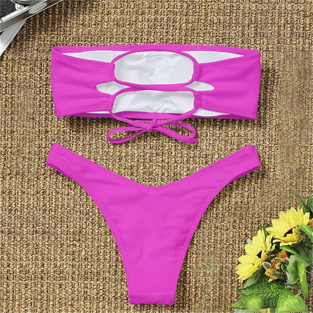 New Bikini High Waist Strapless Bikini Women Swimwear Women Swimsuit Padded Bathing Suit Pure Color Women's Bandeau Bikini Top-High Leg High Waist Bikini Bottom Set