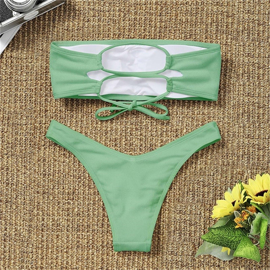 New Bikini High Waist Strapless Bikini Women Swimwear Women Swimsuit Padded Bathing Suit Pure Color Women's Bandeau Bikini Top-High Leg High Waist Bikini Bottom Set