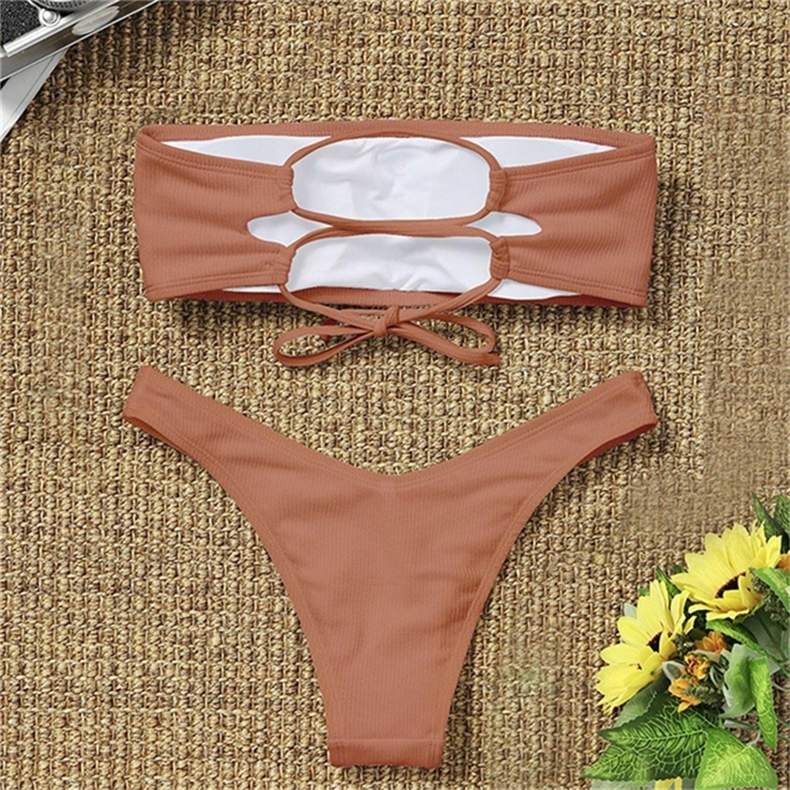 New Bikini High Waist Strapless Bikini Women Swimwear Women Swimsuit Padded Bathing Suit Pure Color Women's Bandeau Bikini Top-High Leg High Waist Bikini Bottom Set