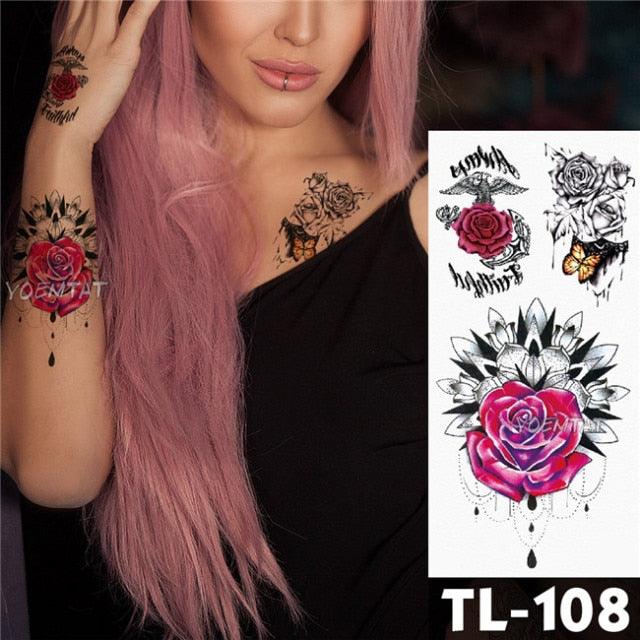 New Colorful And Black Womens Tattoo Temporary Flower Waterproof Elegant Modern Tattoo Realistic Design