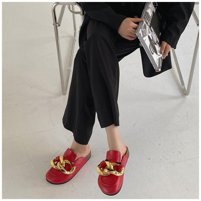 Gold Chain Women Slipper Closed Toe Slip On Mules Shoes Round Toe Low Heels Casual Slides Flat Sandals Slip On Slide Sandals Elegant Heels Slides Slippers