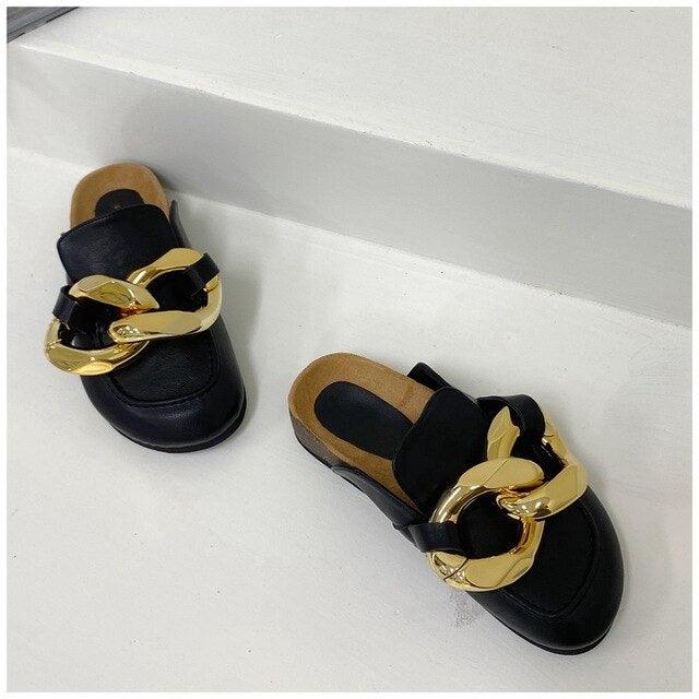 Gold Chain Women Slipper Closed Toe Slip On Mules Shoes Round Toe Low Heels Casual Slides Flat Sandals Slip On Slide Sandals Elegant Heels Slides Slippers