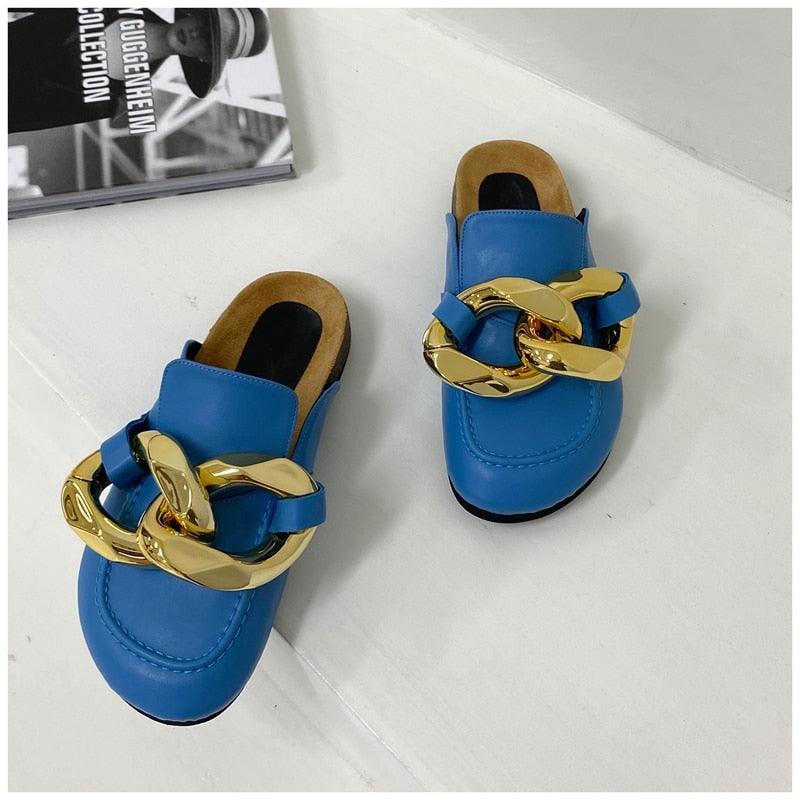 Gold Chain Women Slipper Closed Toe Slip On Mules Shoes Round Toe Low Heels Casual Slides Flat Sandals Slip On Slide Sandals Elegant Heels Slides Slippers