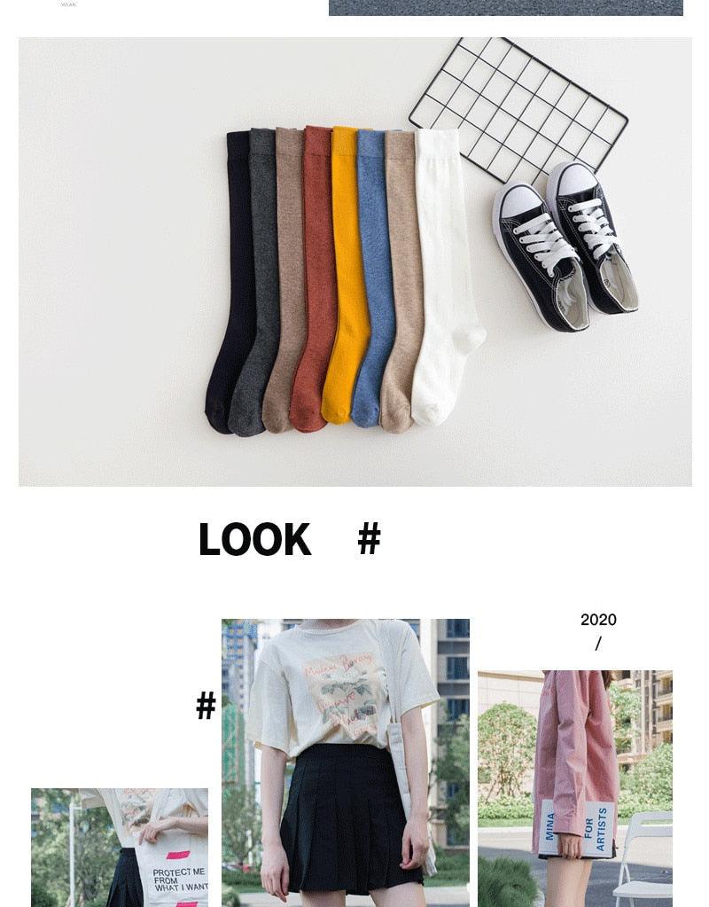 New Fashion Cotton Ladies Knee High Solid Color Socks Student Socks School Party Street Wear Dancing Socks High Quality Cotton Knee High Socks For Women