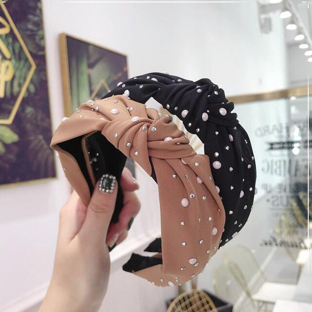 New Fashion Girls Headband Handmade Shining Pearls Rhinestone Ornament Hairband Women Middle Knot Turban Gorgeous Hair Accessories For Women