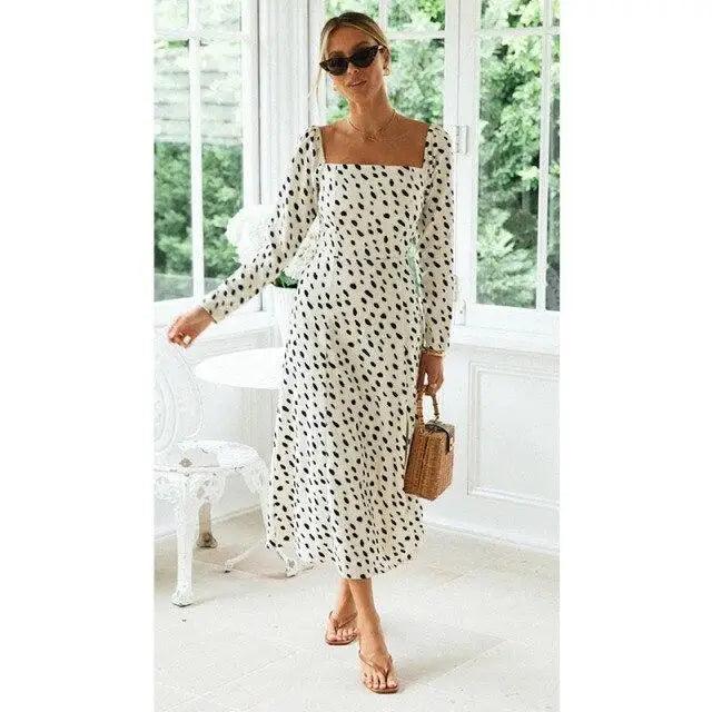 New Fashion Leopard Print Dot long sleeve Slit Luxury Dress - Summer Casual Party Wear Dresses For Women