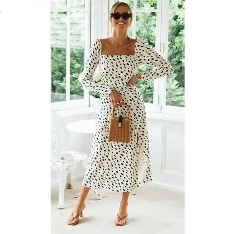 New Fashion Leopard Print Dot long sleeve Slit Luxury Dress - Summer Casual Party Wear Dresses For Women