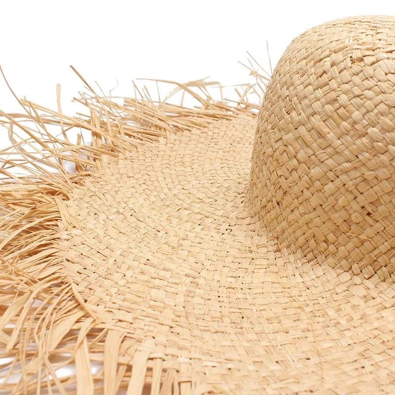 New Handmade Women Straw Sun Hats Large Wide Flat Top Wide Hat Beach Hat Lady Holiday Sun Protection Hat Girls Quality Natural Outdoor Sun Caps For Holiday Vintage Design Hat
