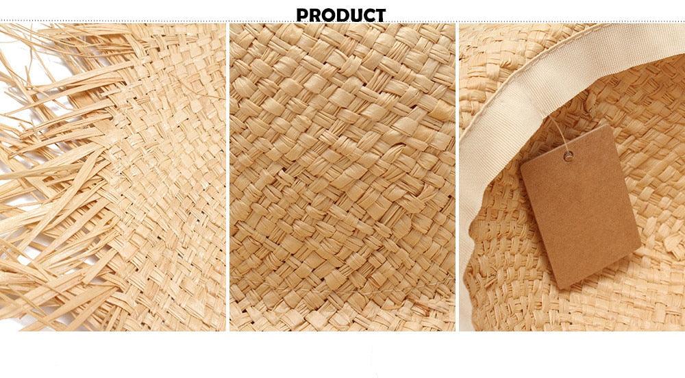 New Handmade Women Straw Sun Hats Large Wide Flat Top Wide Hat Beach Hat Lady Holiday Sun Protection Hat Girls Quality Natural Outdoor Sun Caps For Holiday Vintage Design Hat