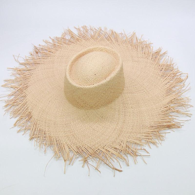 New Handmade Women Straw Sun Hats Large Wide Flat Top Wide Hat Beach Hat Lady Holiday Sun Protection Hat Girls Quality Natural Outdoor Sun Caps For Holiday Vintage Design Hat