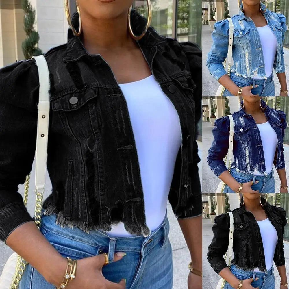 New Incredible Spring Women Sexy Ripped Denim Jackets Vintage Casual Short Jean Jacket Puff Sleeve Winter Female Coat Streetwear