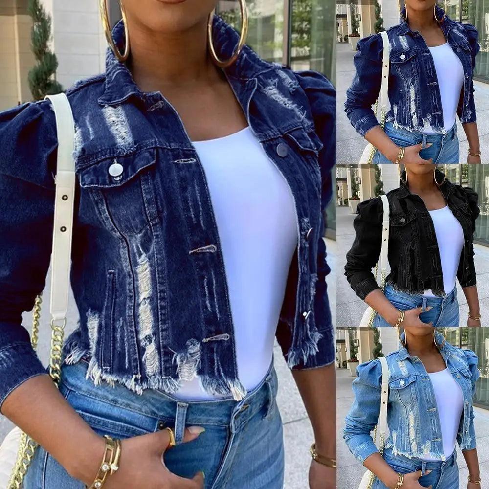 New Incredible Spring Women Sexy Ripped Denim Jackets Vintage Casual Short Jean Jacket Puff Sleeve Winter Female Coat Streetwear