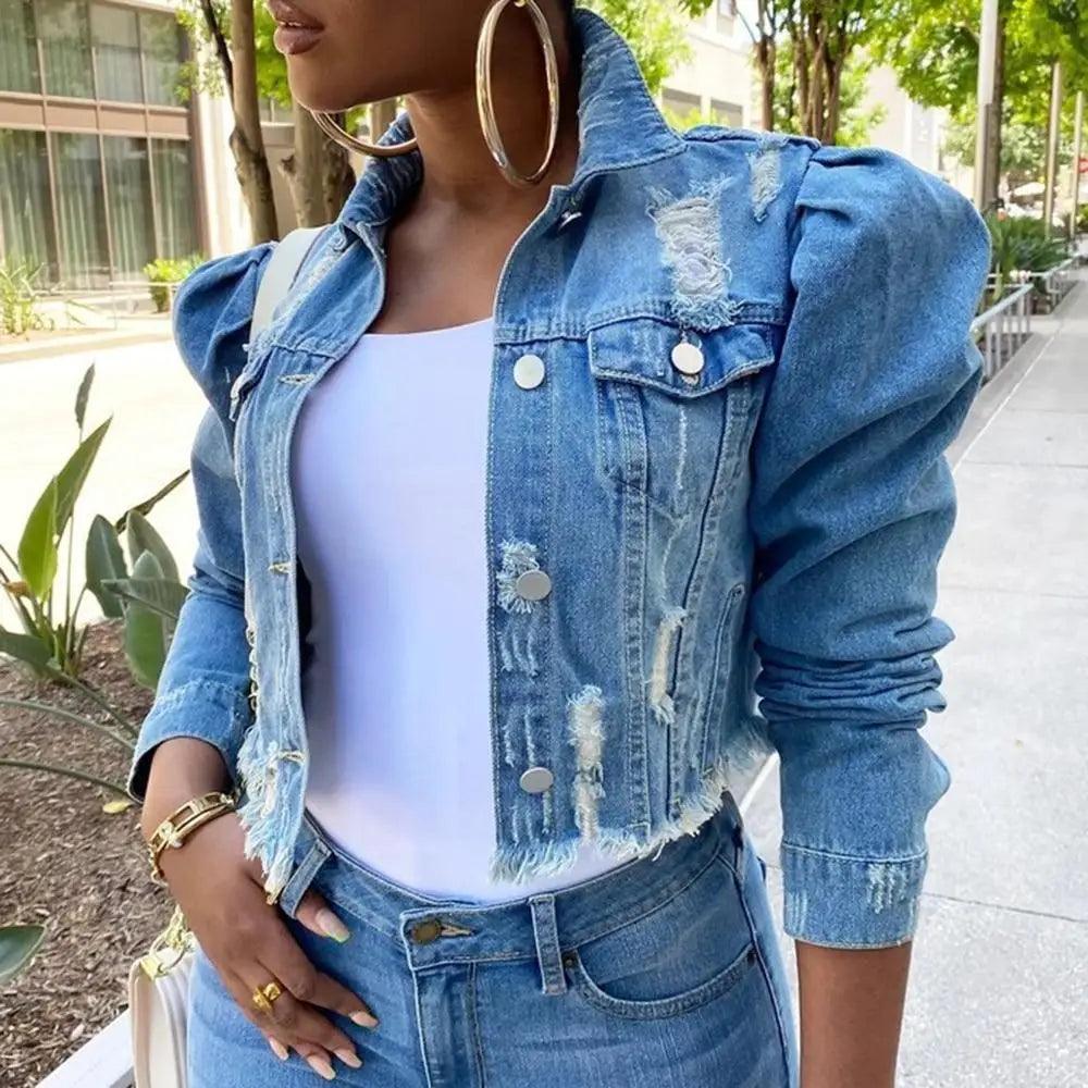New Incredible Spring Women Sexy Ripped Denim Jackets Vintage Casual Short Jean Jacket Puff Sleeve Winter Female Coat Streetwear