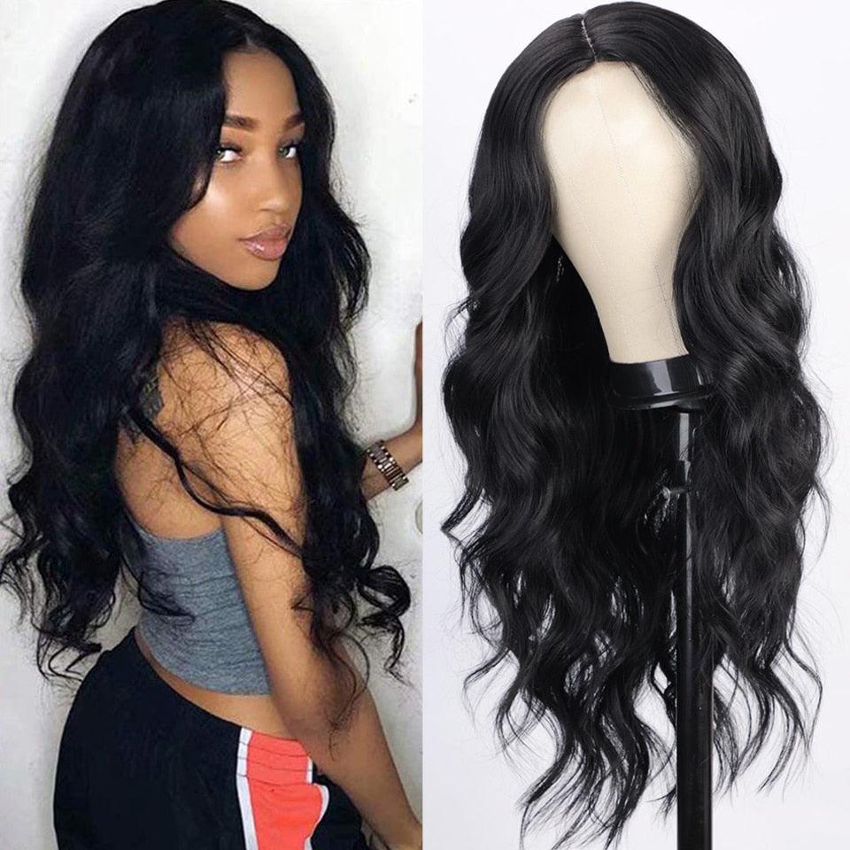Long Body Wave Black Wig Synthetic Wigs for Black Women Middle Part Brown Red Pink Purple Cosplay Hair Wigs For Black Women Cosplay Wigs For Women