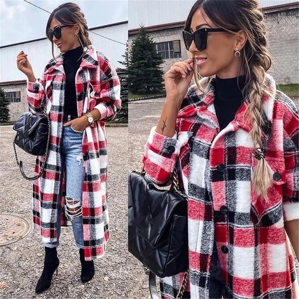 New Trendy Women's Coat Autumn Winter Long Sleeve Red Plaid Jacket Women Lapel Single Breasted Cardigan Coat Turndown Collar Women Coat