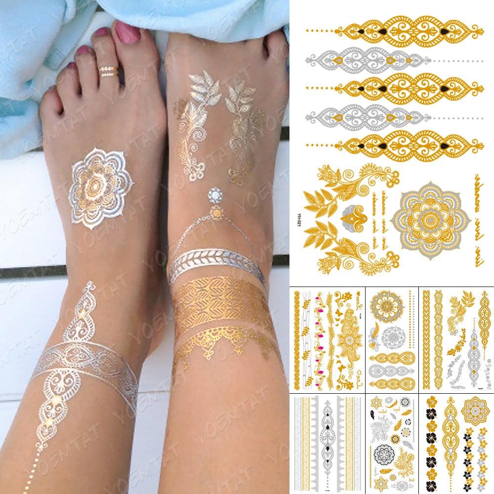 New Waterproof Temporary Tattoo Sticker Golden Silver Flower Jewelry Flash Fashion Different Design Tattoos For Womens
