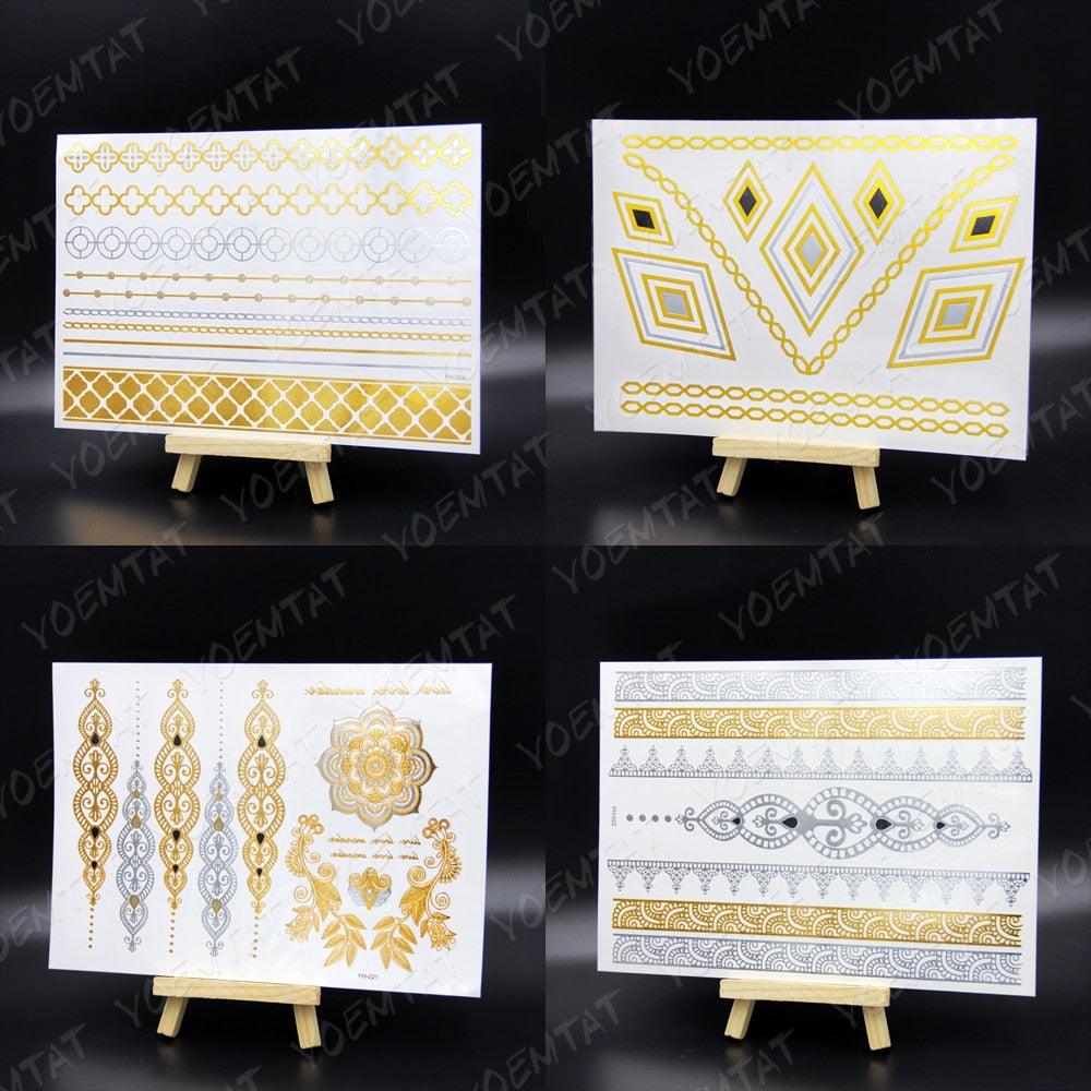 New Waterproof Temporary Tattoo Sticker Golden Silver Flower Jewelry Flash Fashion Different Design Tattoos For Womens