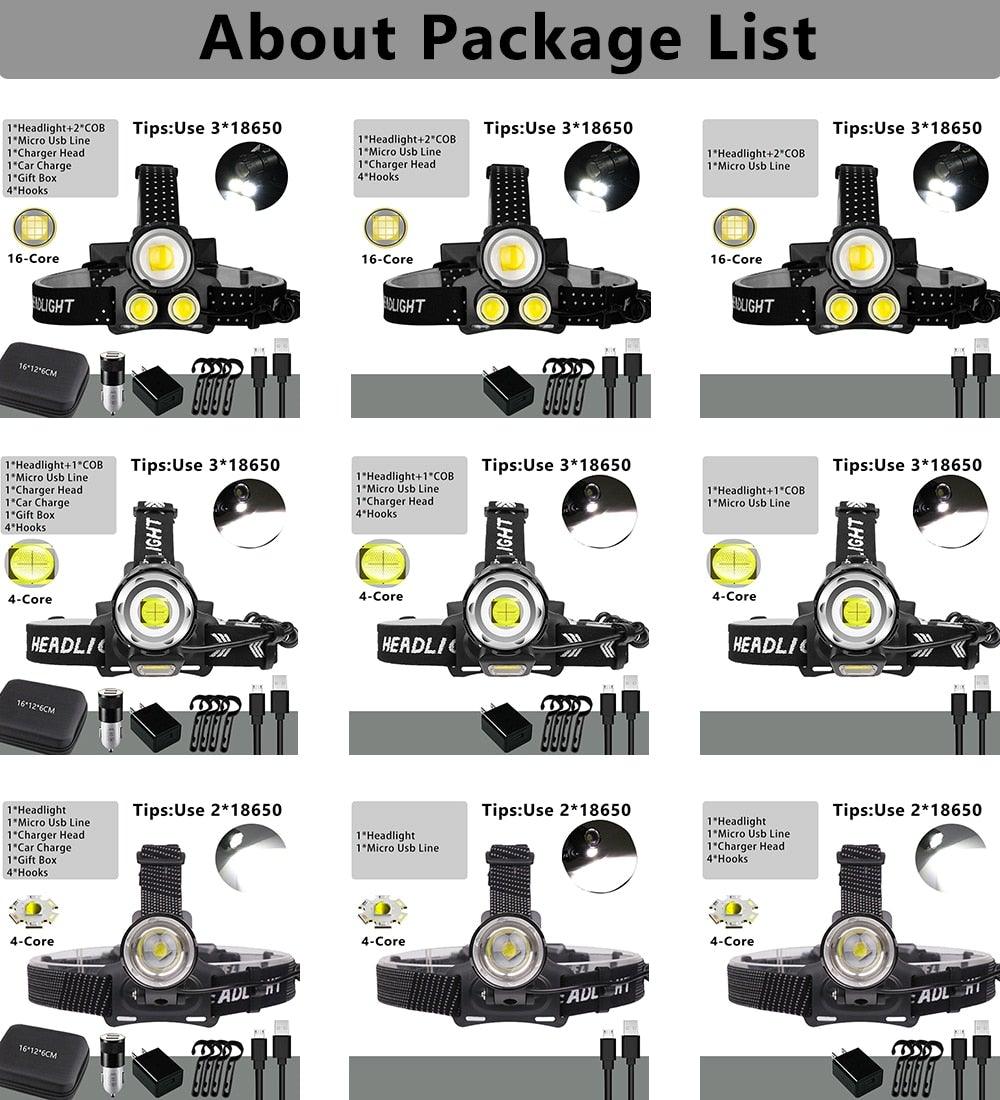 Newest  Waterproof XHP199 16-Core Super Bright Powerful Lantern Headlamp XHP110 LED USB  Flashlight XHP50 Headlight Rechargeable 18650 Zoom Torch Light