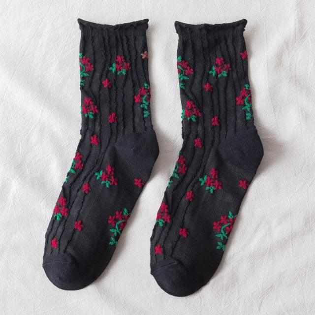 News Fashion Floral Print Women's Socks Harajuku Vintage Streetwear Crew Socks Kawaii Cute Cotton Long Sock Winter Warm Socks For Men And Women