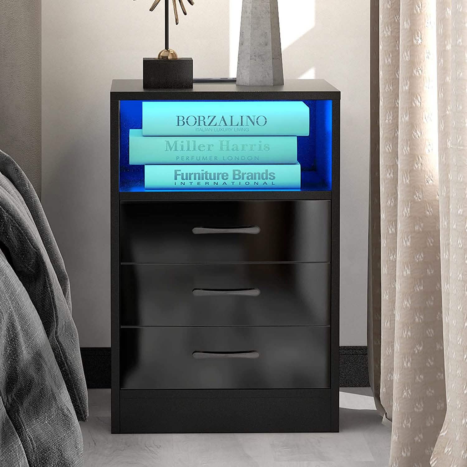 Nightstand with 3 Drawers, Cabinet and USB Charging Ports