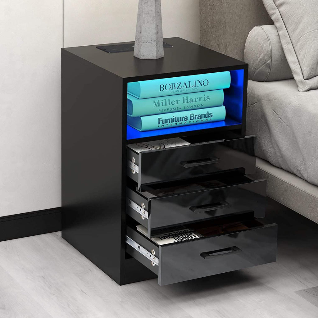 Nightstand with 3 Drawers, Cabinet and USB Charging Ports