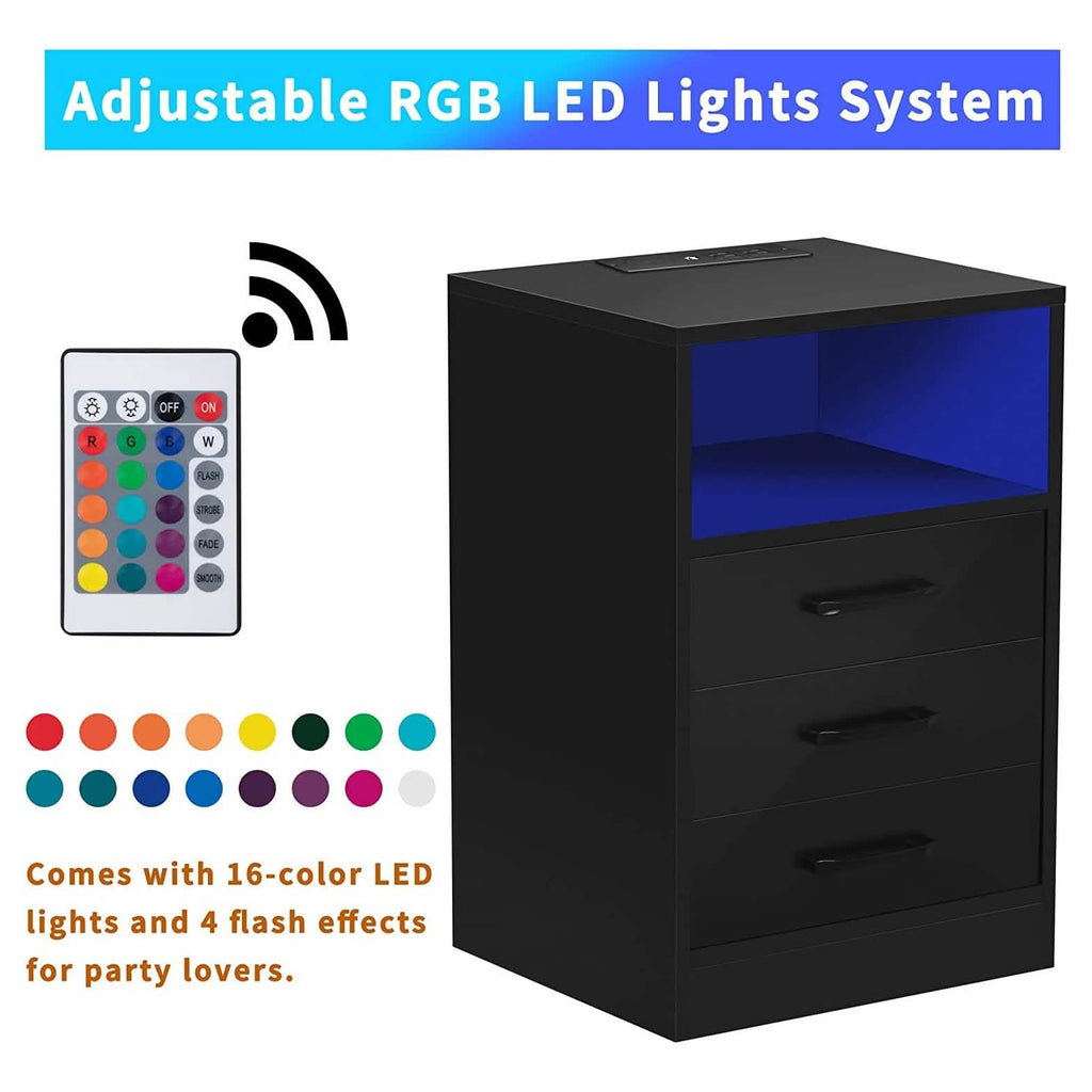 Nightstand with 3 Drawers, Cabinet and USB Charging Ports