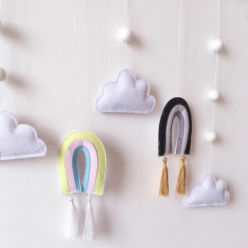 Nordic Healthier Style Cute Felt Clouds Shape Handmade Wall Hanging Fairy Tales Ornament Wooden Stick Tassel Pendant Hanging Ornaments For Kids Room Decoration Photography Props