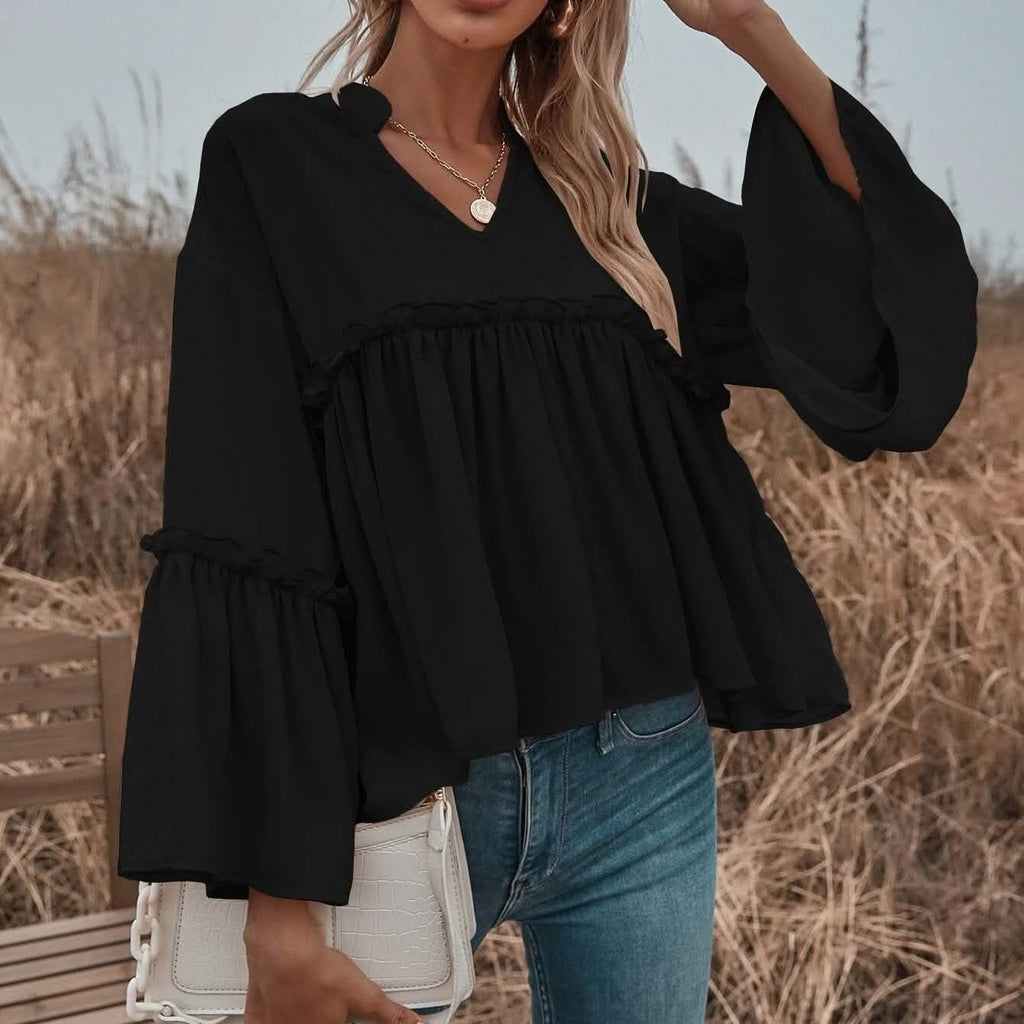 Notch Neck Frill Trim Flounce Sleeve Babydoll Blouse