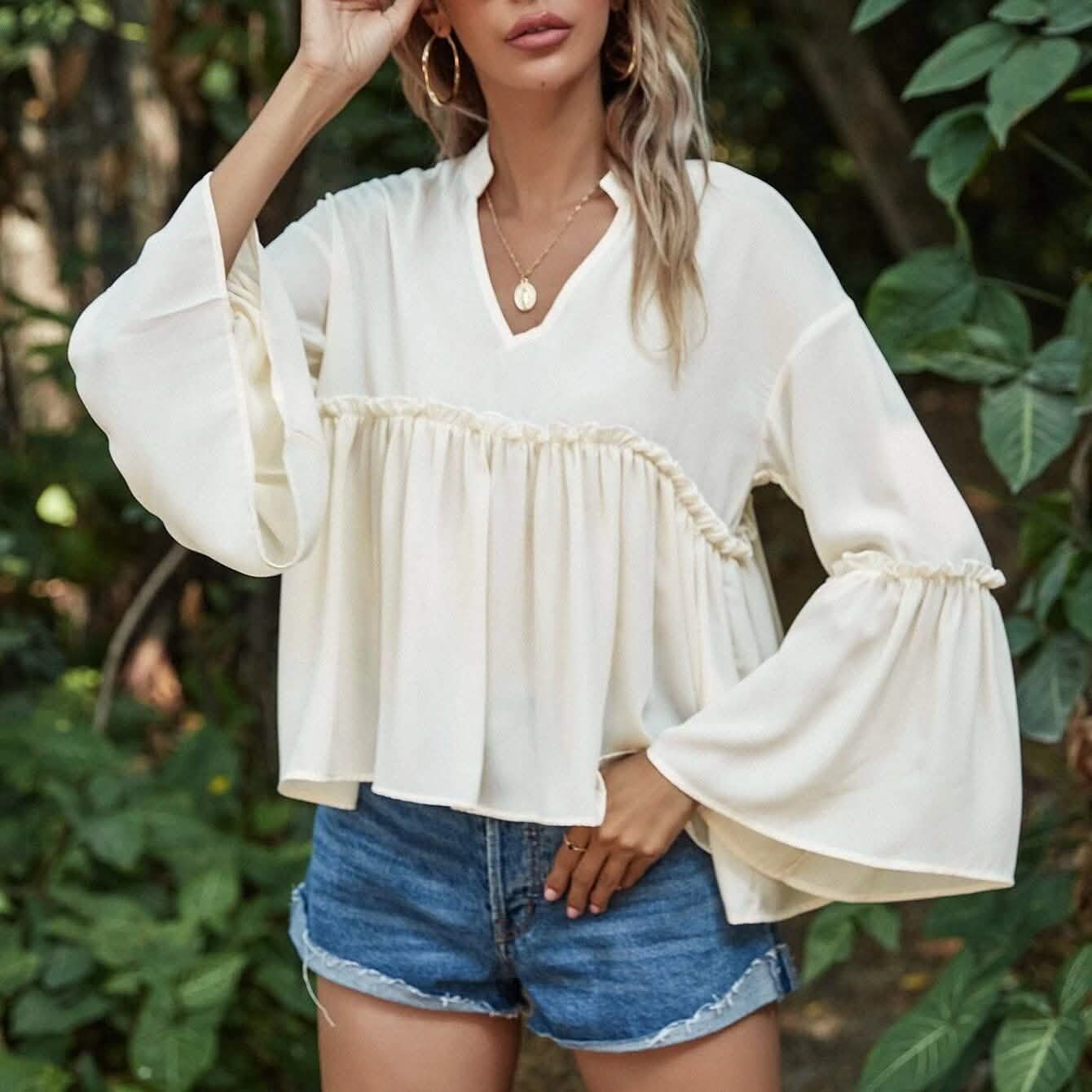 Notch Neck Frill Trim Flounce Sleeve Babydoll Blouse
