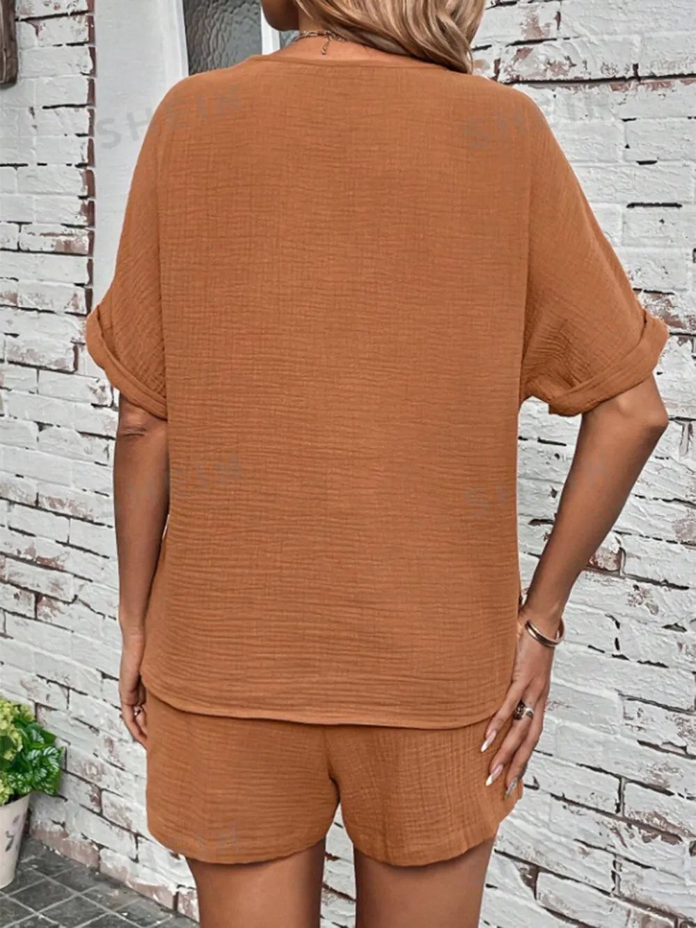 Notched Half Sleeve Top and Shorts Set