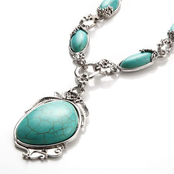 Novadab Antique Silver Tibet Turquoise Long Chain Silver Plated Necklace