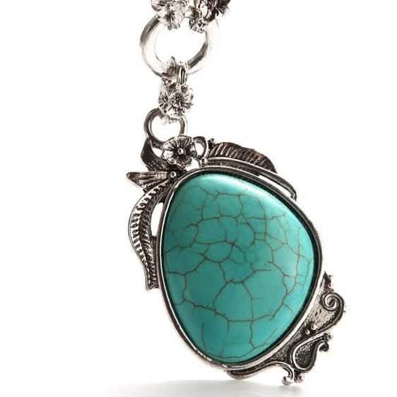 Novadab Antique Silver Tibet Turquoise Long Chain Silver Plated Necklace