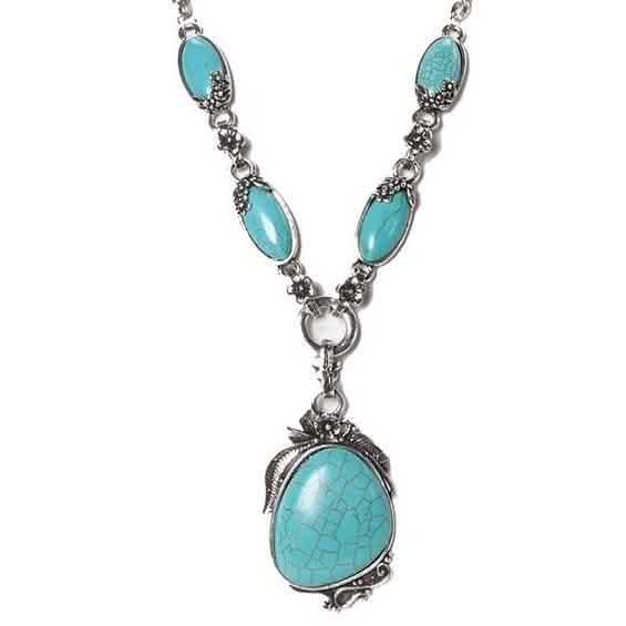 Novadab Antique Silver Tibet Turquoise Long Chain Silver Plated Necklace