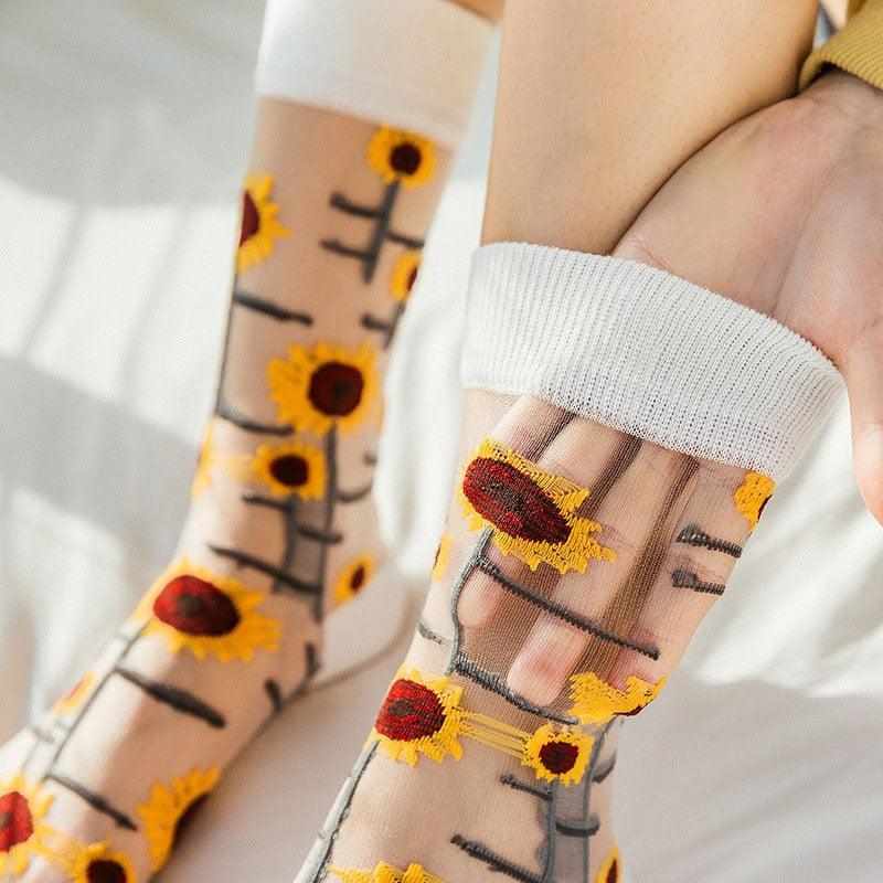 Novelty Harajuku Crystal Silk Tide Socks Funny Sunflowers Vines Flowers Happy Socks Casual High Quality Socks for Women