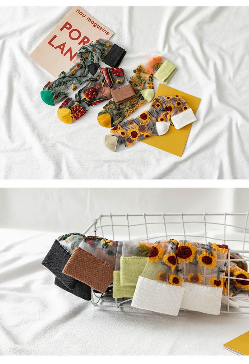 Novelty Harajuku Crystal Silk Tide Socks Funny Sunflowers Vines Flowers Happy Socks Casual High Quality Socks for Women