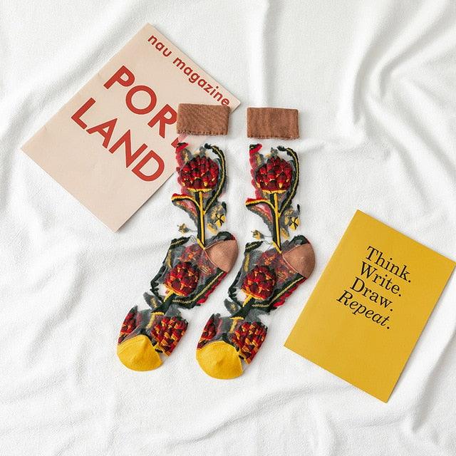 Novelty Harajuku Crystal Silk Tide Socks Funny Sunflowers Vines Flowers Happy Socks Casual High Quality Socks for Women