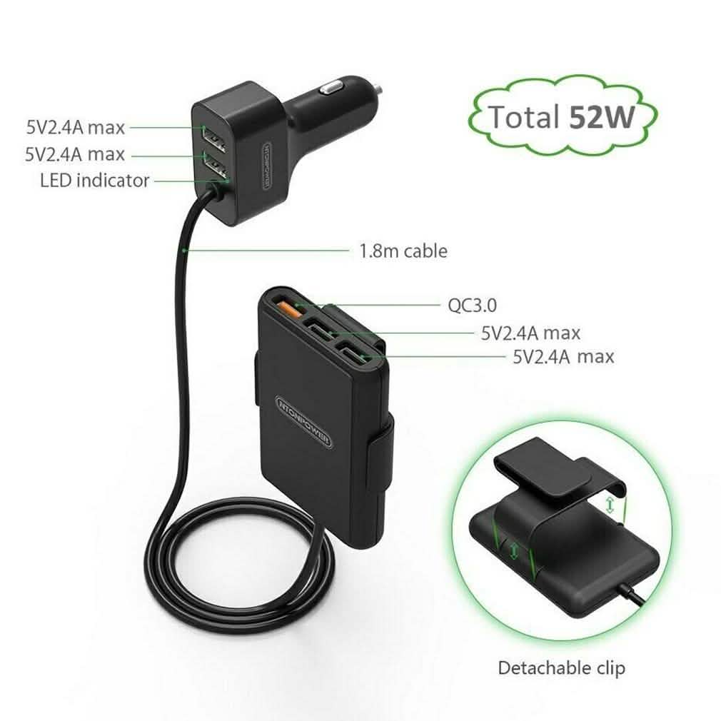 NTONPOWER 5 USB Ports Car Charger with 1.8 Extension Cable
