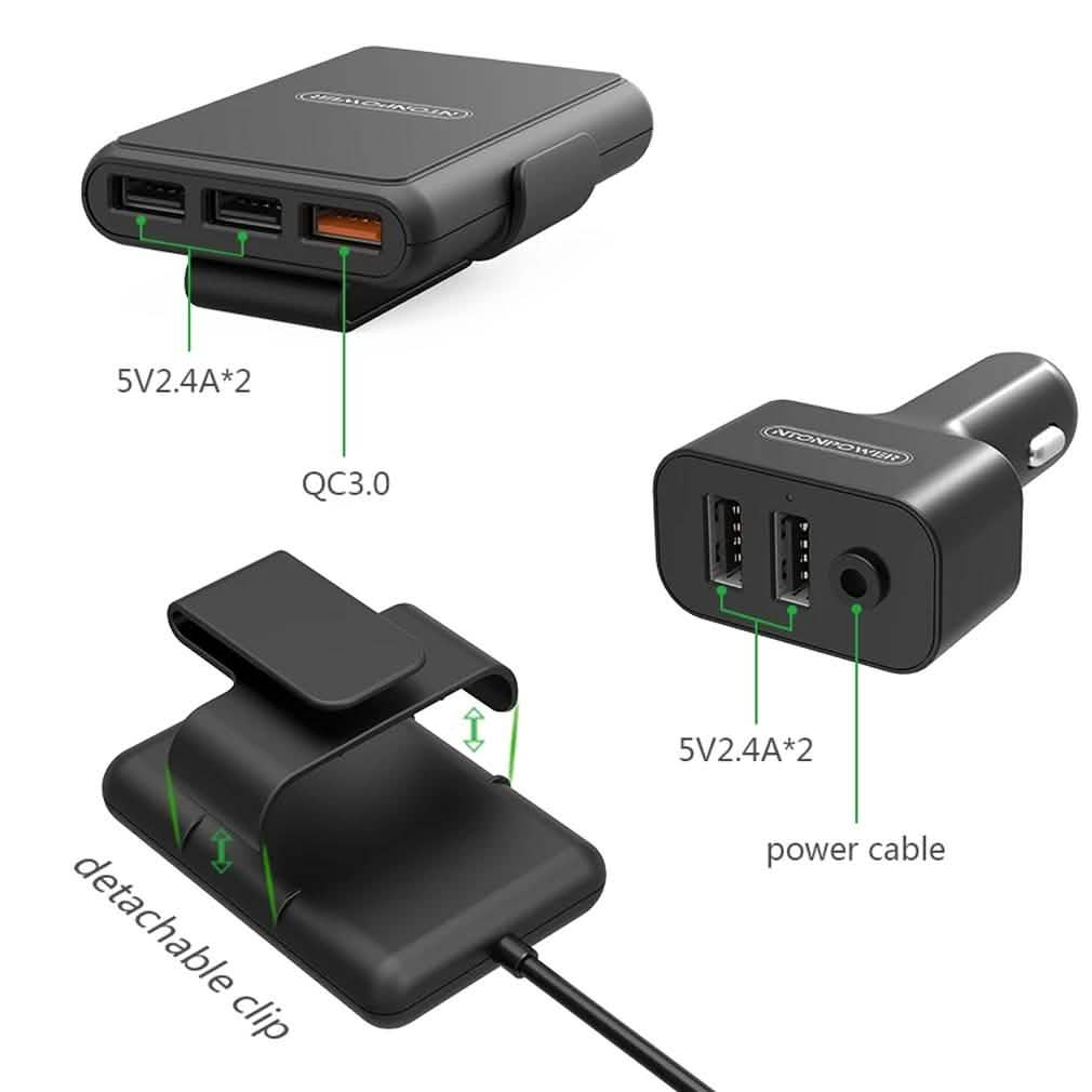 NTONPOWER 5 USB Ports Car Charger with 1.8 Extension Cable